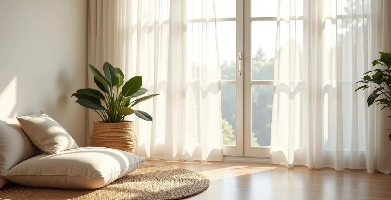Coin méditation minimaliste avec coussins au sol et lumière naturelle filtrant à travers des rideaux de lin