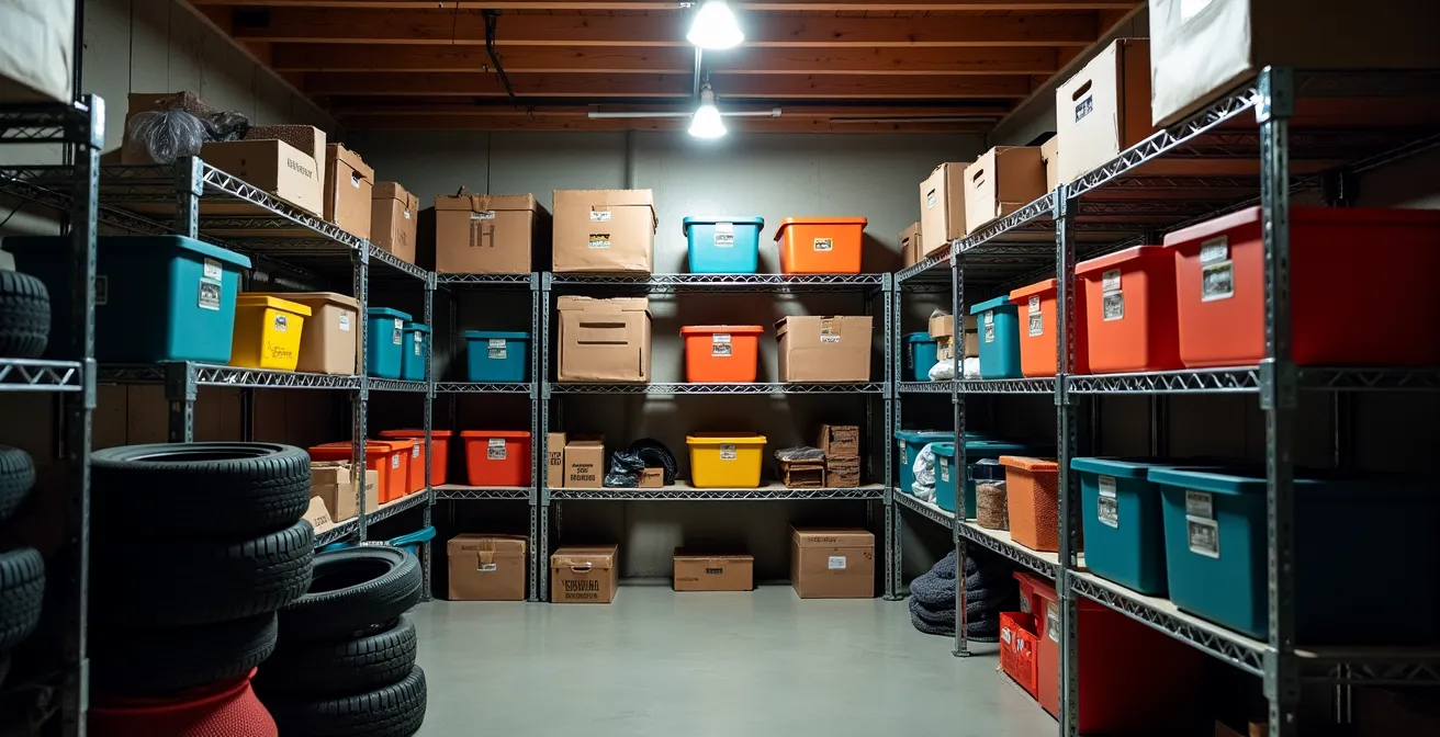 Sous-sol canadien transformé en espace de rangement stratégique avec étagères et zones dédiées