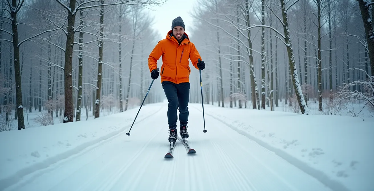 Personne pratiquant le ski de fond classique dans un sentier enneigé entouré d'érables
