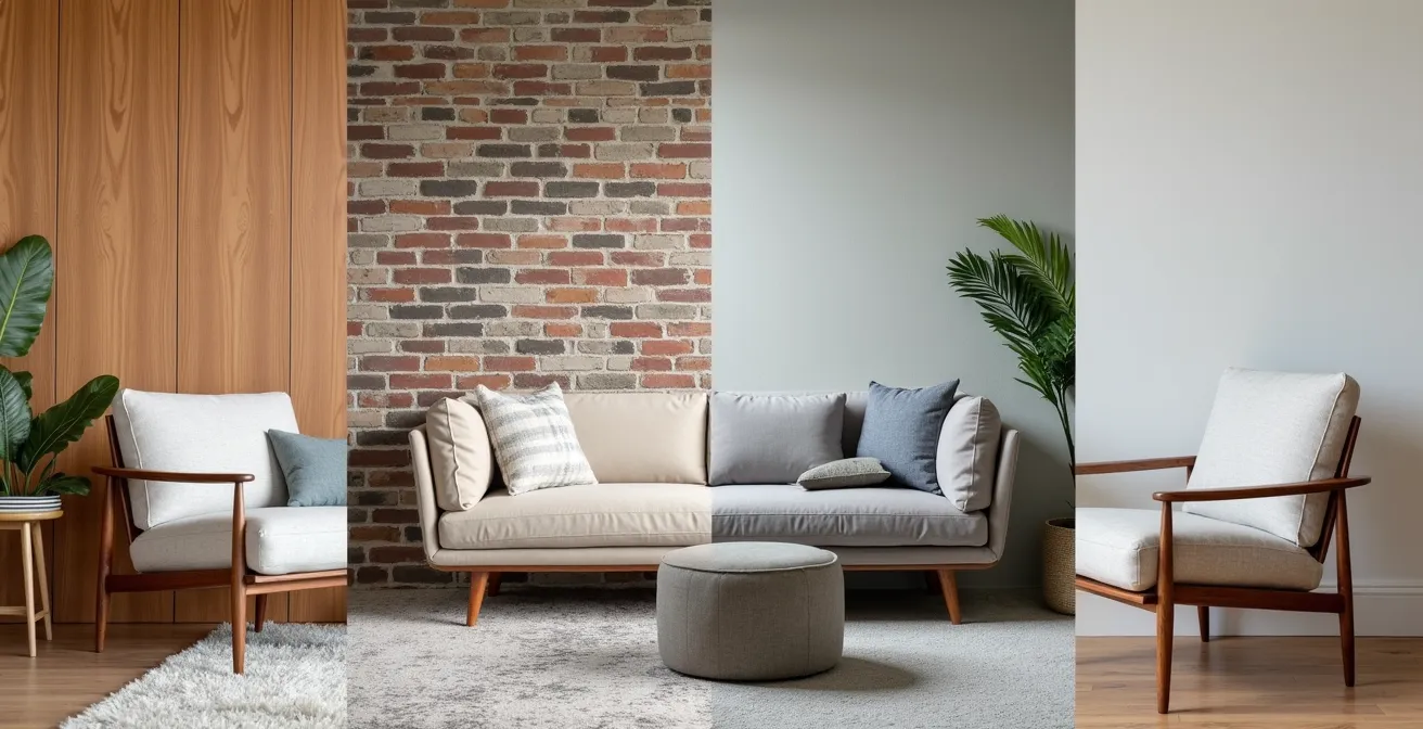 Quatre coins d'une pièce montrant différents styles de décoration canadiens avec matériaux locaux