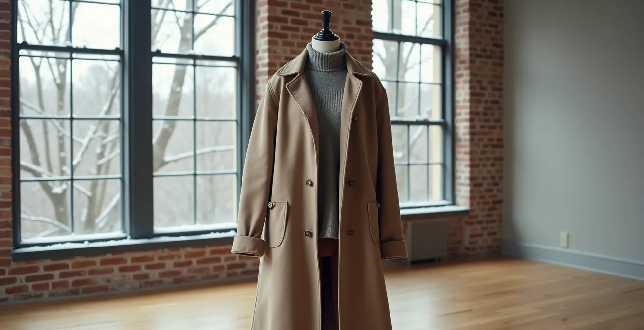 Démonstration du layering avec plusieurs couches de vêtements superposées sur un mannequin dans un intérieur minimaliste