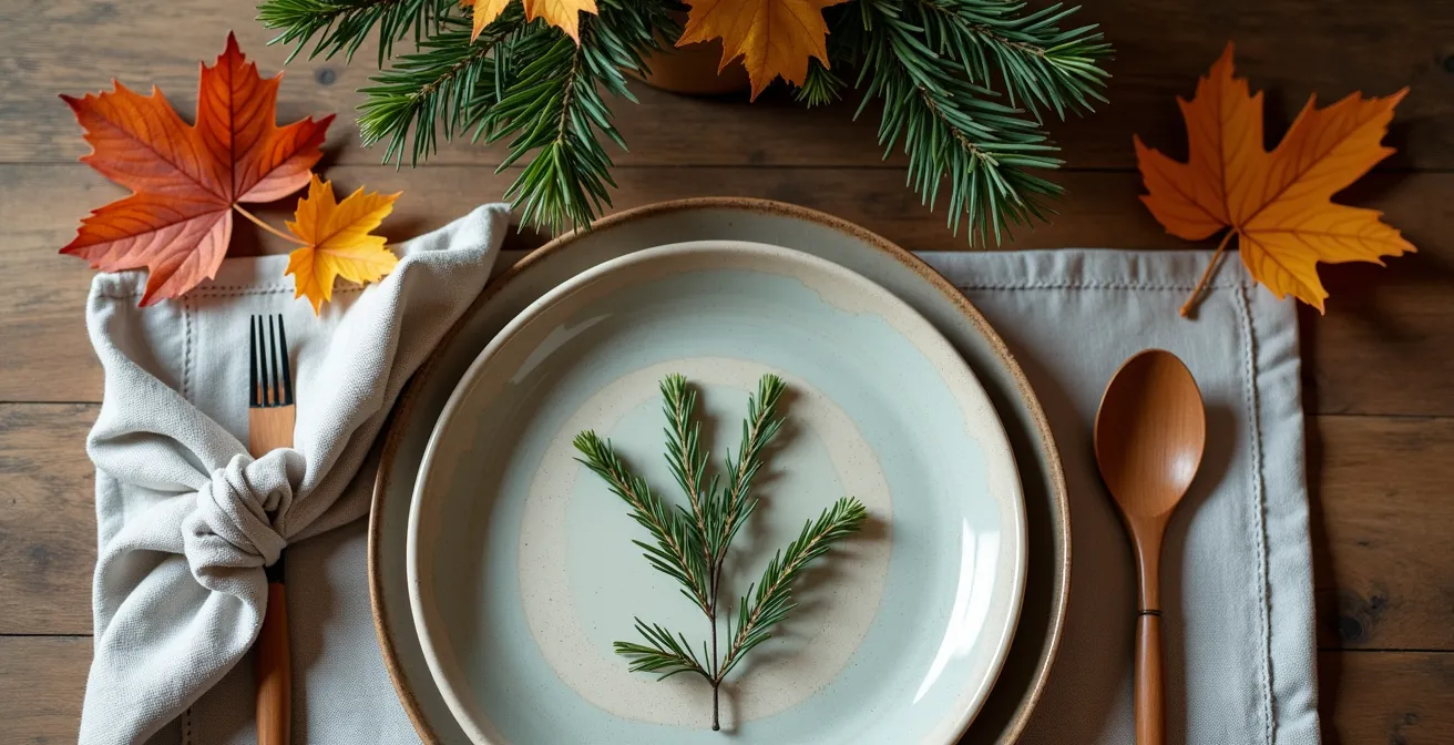 Table élégamment dressée avec des éléments naturels canadiens comme des branches de sapin et de la vaisselle artisanale.