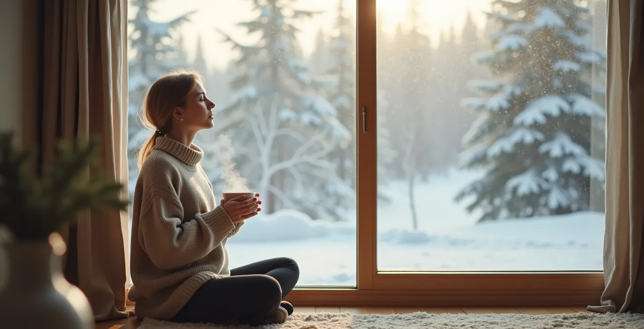 Personne pratiquant la respiration profonde près d'une fenêtre avec paysage hivernal canadien