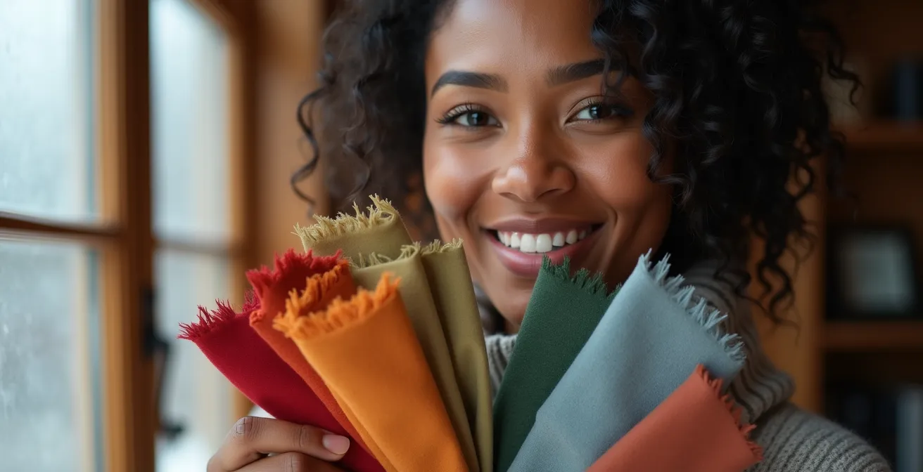 Femme analysant sa carnation devant un miroir avec différents tissus colorés