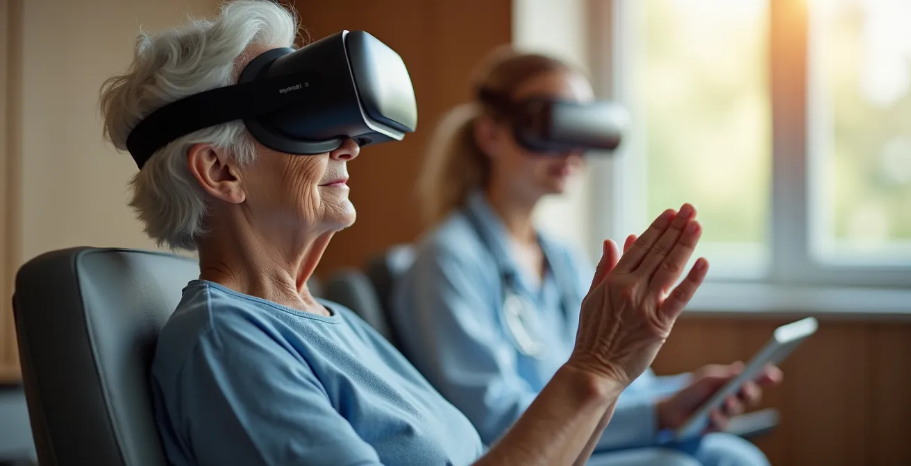 Patient portant un casque de réalité virtuelle dans un environnement médical apaisant avec professionnels de santé