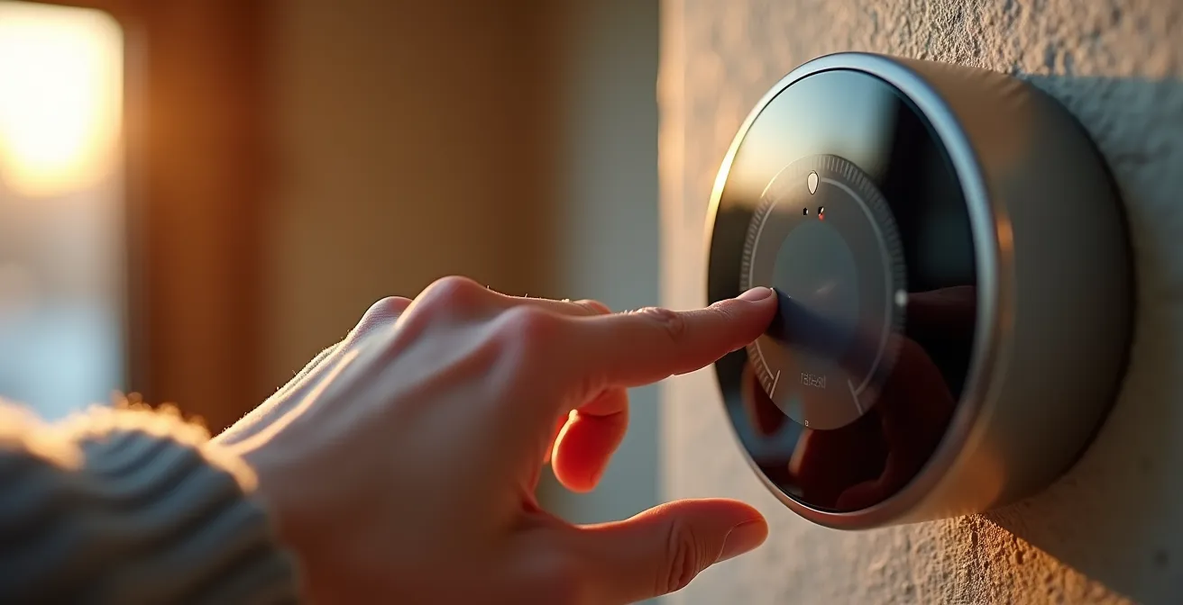 Gros plan sur une main ajustant un thermostat moderne dans un intérieur canadien chaleureux