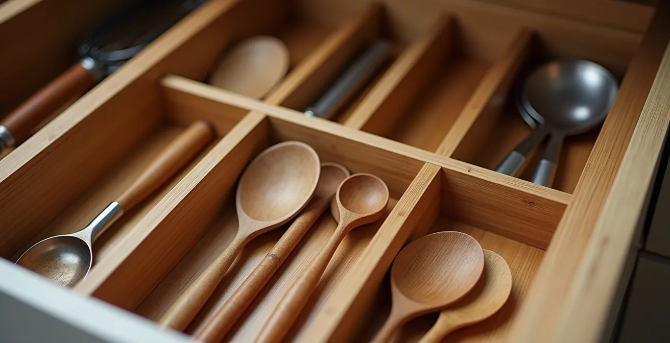 Vue macro d'un tiroir de cuisine parfaitement organisé avec séparateurs internes