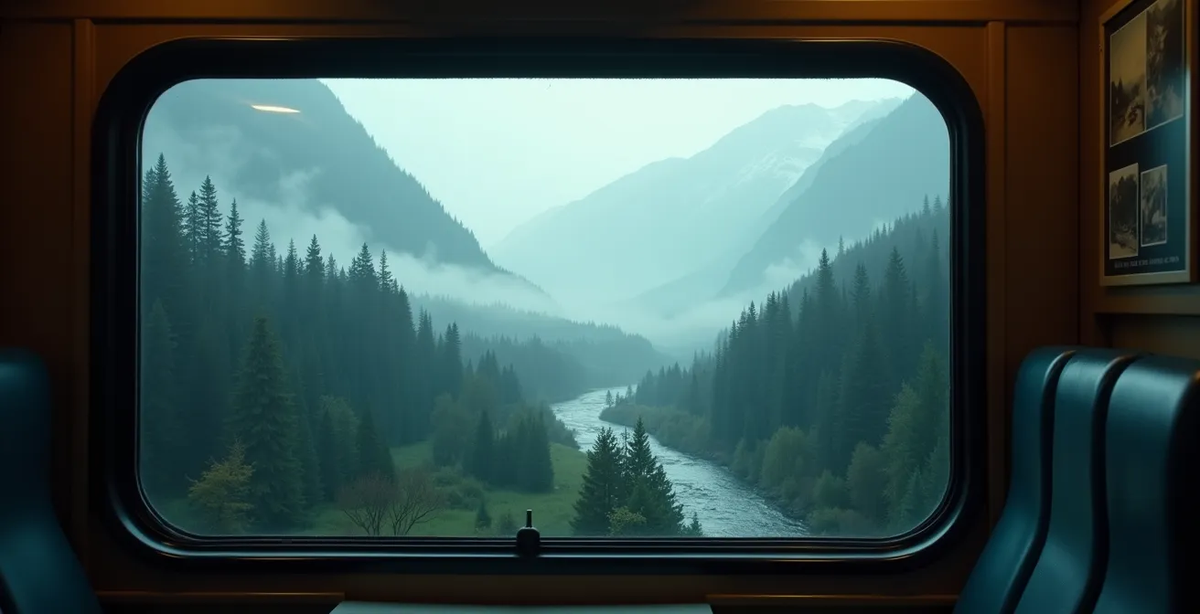 Vue depuis la fenêtre d'un train traversant une vallée brumeuse avec forêts et montagnes