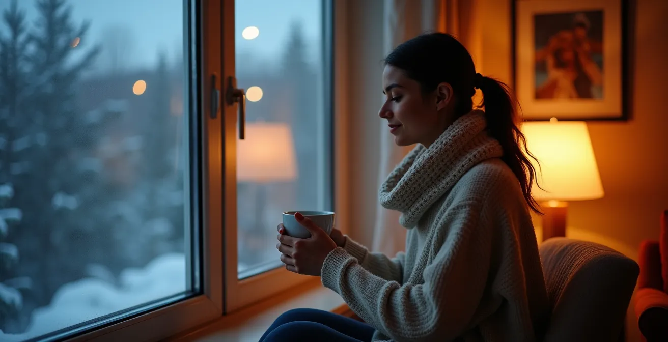 Personne utilisant une lampe de luminothérapie pendant l'hiver canadien