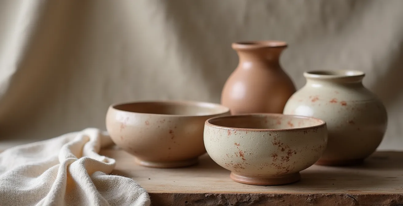 Collection de céramiques artisanales aux formes organiques et imperfections naturelles