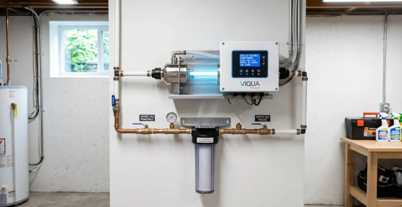 Système de traitement d'eau UV résidentiel installé dans un sous-sol moderne avec canalisations organisées et panneau de contrôle numérique