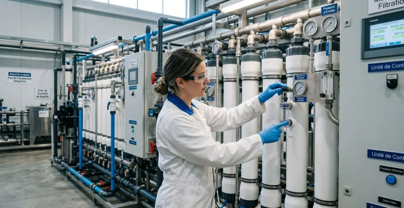 Technicien en combinaison propre inspectant des modules de filtration membranaire dans une installation de traitement d'eau