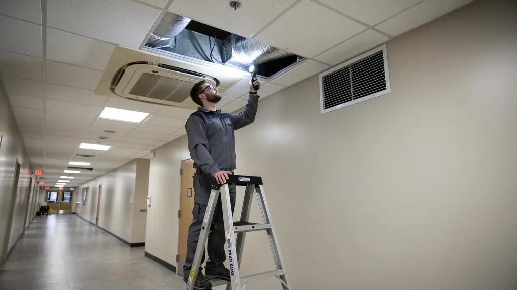 Technicien HVAC sur échelle inspectant un diffuseur d'air et une grille de ventilation montés au plafond dans un corridor d'immeuble institutionnel canadien Technicien HVAC sur échelle inspectant un diffuseur d'air et une grille de ventilation montés au plafond dans un corridor d'immeuble institutionnel canadien