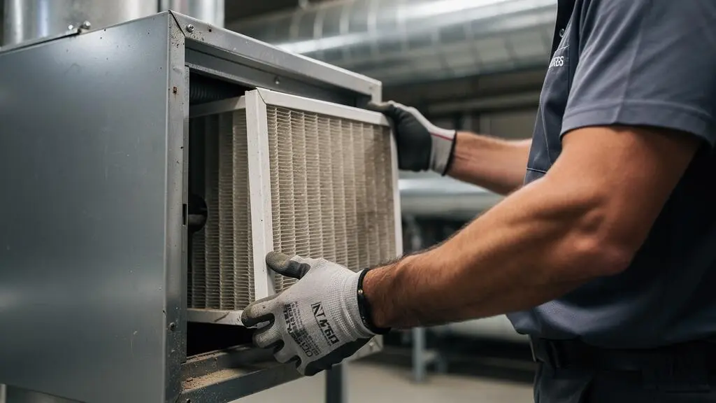 Gros plan sur les mains d'un technicien HVAC inspectant et remplaçant un filtre à air commercial à l'intérieur d'une unité de traitement d'air Gros plan sur les mains d'un technicien HVAC inspectant et remplaçant un filtre à air commercial à l'intérieur d'une unité de traitement d'air