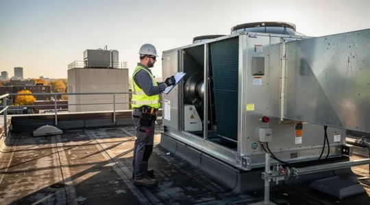 Technicien HVAC certifié effectuant une inspection d'entretien préventif sur une unité de traitement d'air commerciale installée sur un toit