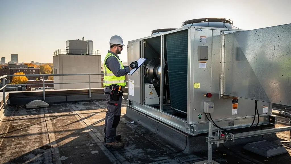 Technicien HVAC certifié effectuant une inspection d'entretien préventif sur une unité de traitement d'air commerciale installée sur un toit