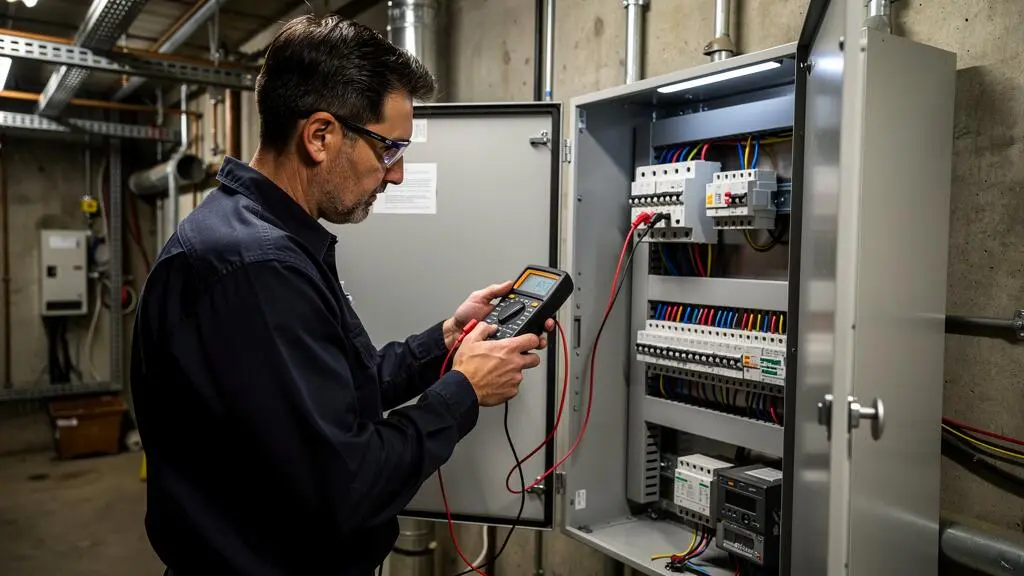 Technicien HVAC utilisant un multimètre numérique pour mesurer les paramètres électriques d'un panneau de contrôle HVAC commercial dans une salle mécanique Technicien HVAC utilisant un multimètre numérique pour mesurer les paramètres électriques d'un panneau de contrôle HVAC commercial dans une salle mécanique